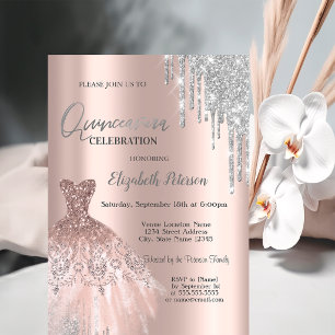 Convite Colírio de Prata, Rosa de Vestido Dourado Quinceañ