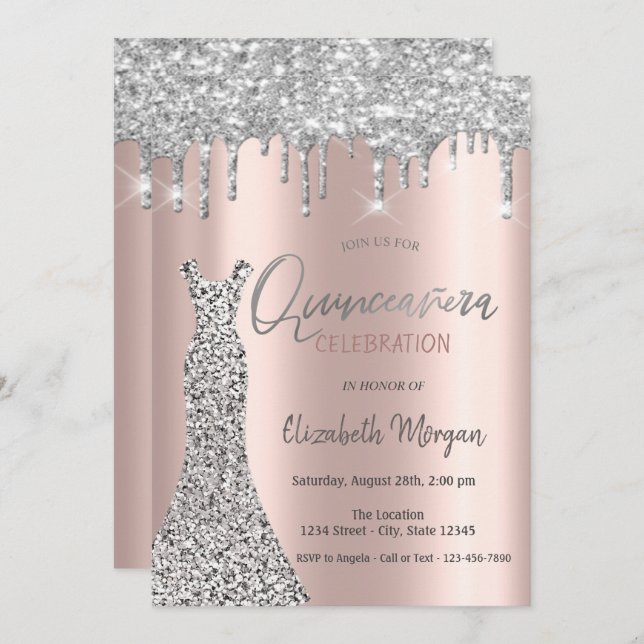 Convite Colírio de Prata, Rosa de Vestido Dourado Quinceañ (Frente/Verso)