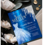 Convite Colírio de Prata,Vestido Azul Metálico Doce 16<br><div class="desc">Vestidos azuis elegantes e brilho prateado pingam em um fundo azul metálico.</div>