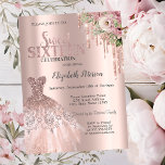 Convite Colírio Dourado rosa, Flores De Vestido Doce 16<br><div class="desc">Vestido elegante de ouro rosa,  flores e glitter de ouro rosa em um fundo de ouro rosa.</div>
