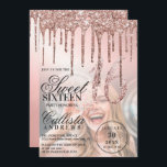 Convite Colírio metálico Dourado rosa Foto Sweet 16<br><div class="desc">Este convite de aniversário giro e glamouroso e fofo, 16, é perfeito para uma na moda e moça mocinha. Ele apresenta pingos de brilho dourado rosa cintilante impressos em falso, sobre um gradiente metálico sem barra de rosa dourado e fundo de imagem. A tipografia é uma elegante escrita cursiva com...</div>