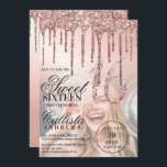 Convite Colírio metálico Dourado rosa Foto Sweet 16<br><div class="desc">Este convite de aniversário giro e glamouroso e fofo, 16, é perfeito para uma na moda e moça mocinha. Ele apresenta pingos de brilho dourado rosa cintilante impressos em falso, sobre um gradiente metálico sem barra de rosa dourado e fundo de imagem. A tipografia é uma elegante escrita cursiva com...</div>