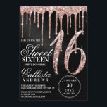 Convite Colírio Metálico Negro Dourado rosa Doce 16<br><div class="desc">Este doce e giro convite de aniversário 16 é perfeito para uma na moda e moça mocinha. Ele apresenta pingos de brilho rosa dourado cintilantes impressos em falso sobre um fundo metálico escovado preto. A tipografia é uma elegante escrita cursiva com uma fonte serif moderna a corresponder. É chique, bonito,...</div>