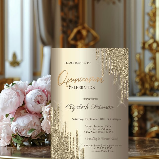 Convite Colírio Moderno Champagne Dourada Quinceañera (Criador carregado)