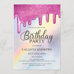 Convite Colírio Rosa Coloca Arco-Íris Holográfico Aniversá