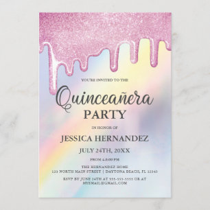 Convite Colírio Rosa Coloca Arco-Íris Holográfico Quinceañ