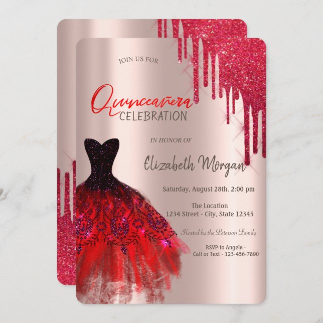 Convite Colírio Vermelho Elegante Coloca Quinceañera (Frente/Verso)