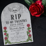 Convite Coloque minha Festa de aniversário gótica 30 Grave<br><div class="desc">Vire 20 no escuro, na moda elegância com este Rip meu Convite de aniversário Gótico Gravestone 20s! Este convite de aniversário em forma de arco parece uma lápide, com um crânio com asas emblema, rosas, espinhos e uma textura de pedra de cinza aquática. Perfeito para uma festa de aniversário gótica!...</div>