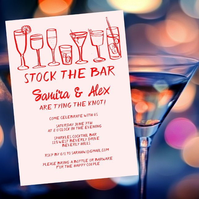 Convite Coloque o Noivado de coquetéis brancos do Bar (Stock the Bar Whimsical Cocktail Drinks Engagement Invitation
)