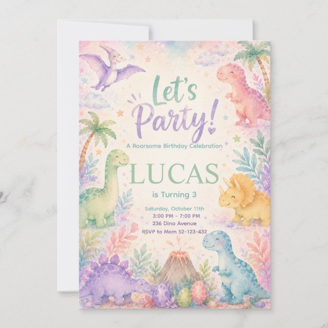 Convite Color Dinosaur Birthday Invitation Editable (Frente)