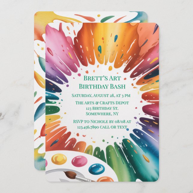 Convite Color Splash Art Birthday Bash (Frente/Verso)