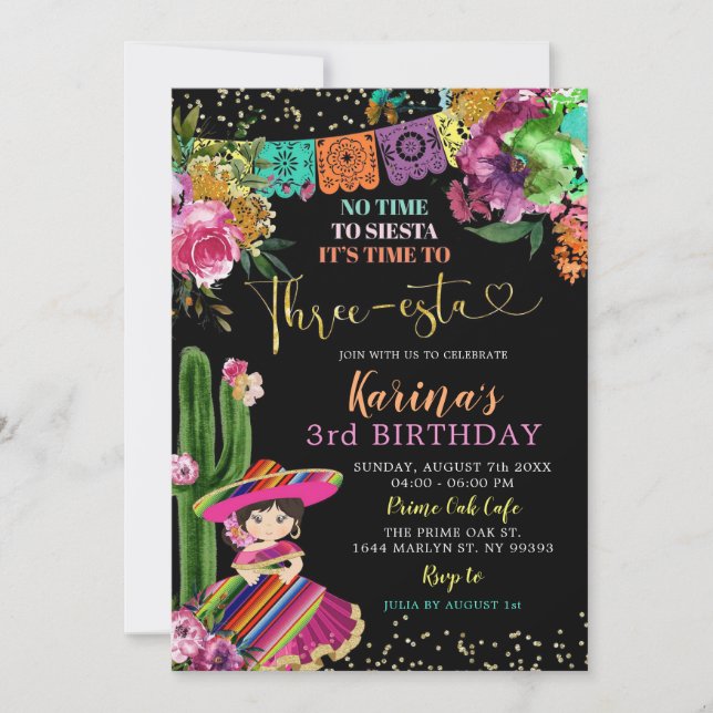 Convite Coloração mexicana Floral Três-esta aniversário de (Frente)