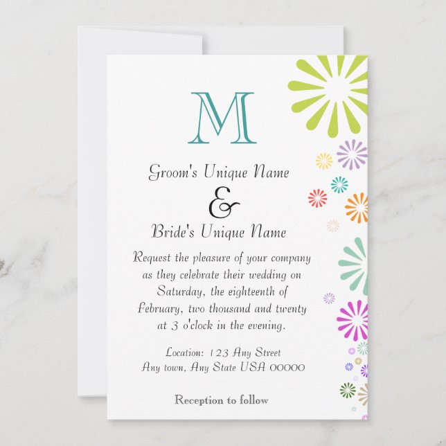 Convite Colorbursts Monograma Casamento (Frente)