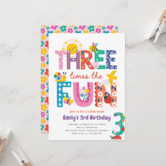 Convite Colorful 3rd Birthday Invite, Three Times the Fun