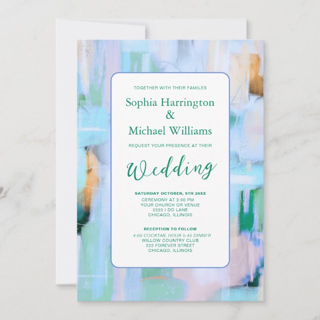 Convite Colorful Abstract Pink Blue Wedding Invite QR Code (Frente)