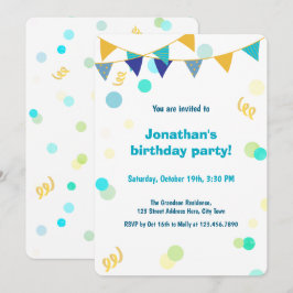 Convite Colorful Blue Green & Yellow Confetti Boy Birthday