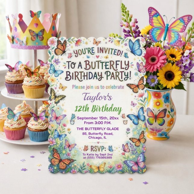 Convite Colorful Butterflies 12th Birthday Party (Criador carregado)