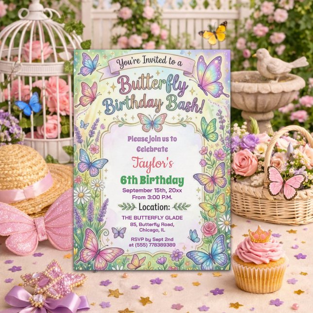 Convite Colorful Butterflies 6th Birthday Bash Invitation (Criador carregado)