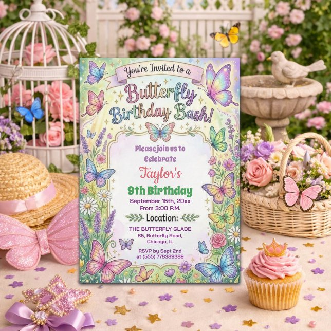 Convite Colorful Butterflies 9th Birthday Bash Invitation (Criador carregado)