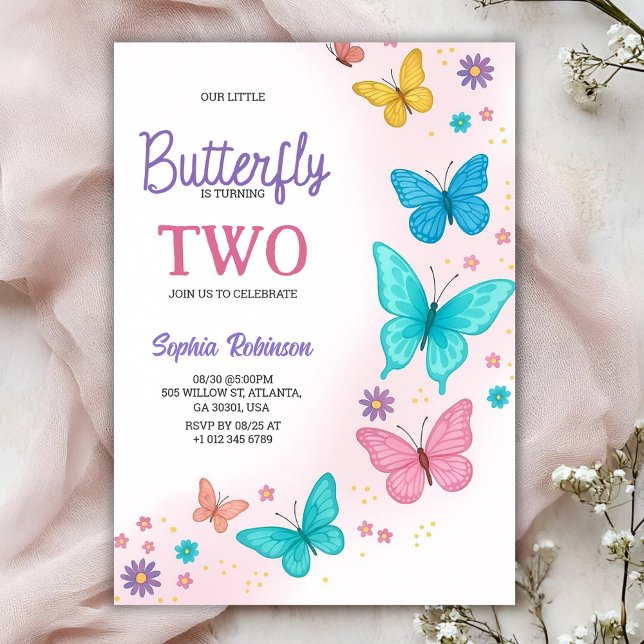 Convite Colorful butterfly-themed birthday invitation (Criador carregado)