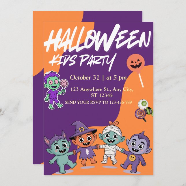 Convite Colorful Candy Monsters Kids Halloween Invite (Frente/Verso)
