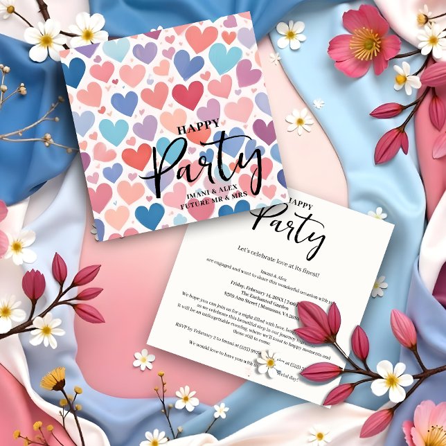 Convite Colorful Chic Charming Scattered Hearts Engagement (Colorful Chic & Charming Scattered Hearts Engagement Party Invitations Cards.)