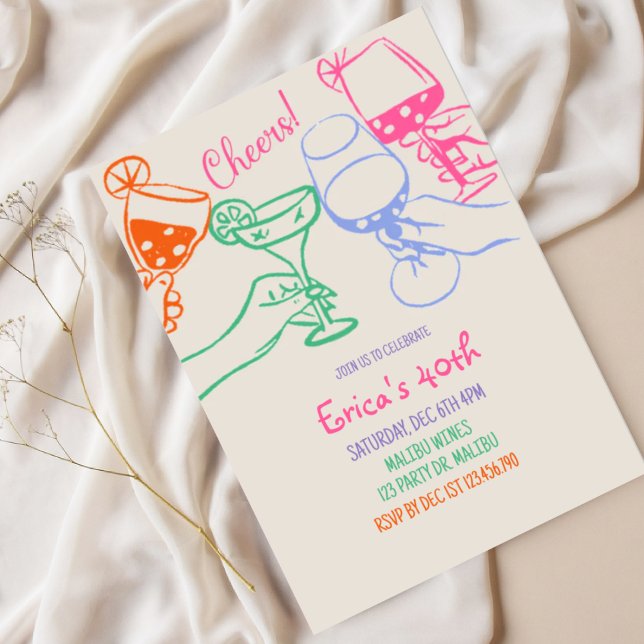 Convite Colorful Cocktail Line Art Birthday Invitation |  (Criador carregado)