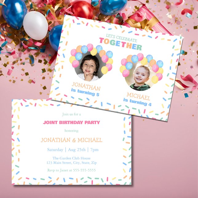 Convite Colorful Confetti Balloon Photo Dual Birthday (Criador carregado)