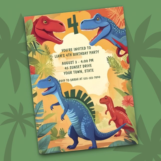 Convite Colorful Dinosaurs Jungle Adventure 4th Birthday (Criador carregado)