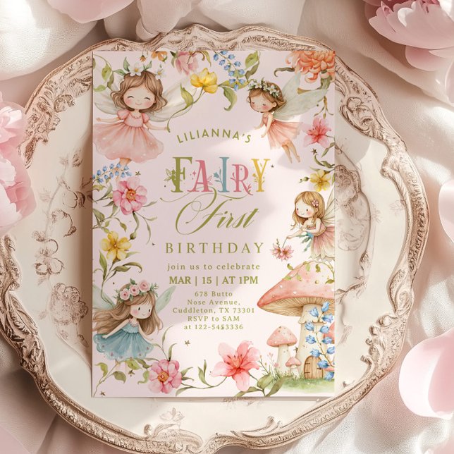 Convite Colorful Fairy First Birthday Enchanted garden (Criador carregado)