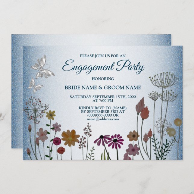 Convite Colorful Floral Blue Glitter Engagement Party (Frente/Verso)