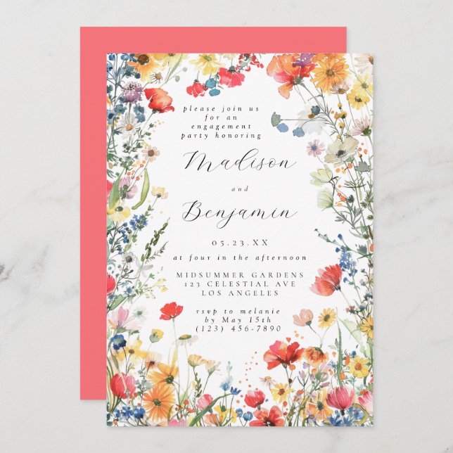 Convite Colorful Floral Engagement Party (Frente/Verso)