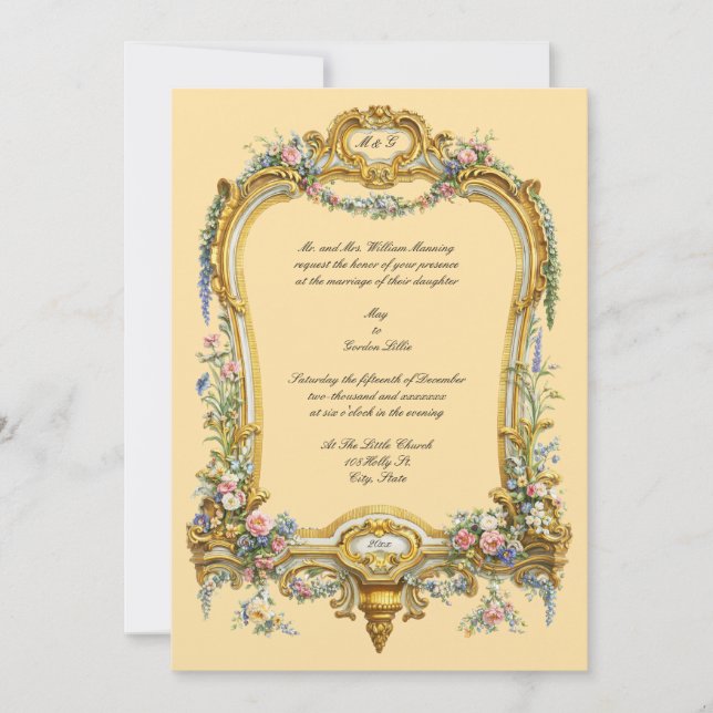 Convite Colorful Floral Fruit Baroque Rococo Frame Wedding (Frente)