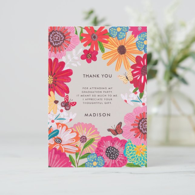 Convite Colorful Floral Graduation Thank You Card (Em pé/Frente)
