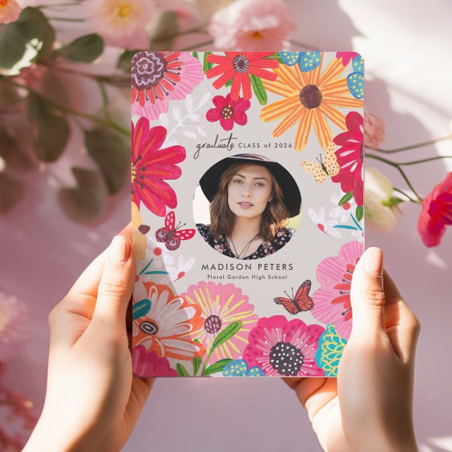 Convite Colorful Floral Photo Graduation Announcements (Colorful Floral Photo Graduation Announcements)