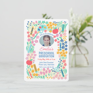 Convite Colorful Floral Photo Preschool Graduation