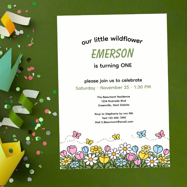Convite Colorful Funny Little Wildflower 1st Birthday  (Criador carregado)