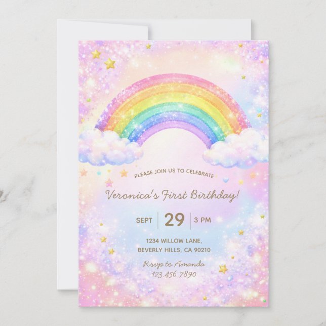 Convite Colorful Glitter Rainbow Girl Birthday Party (Frente)