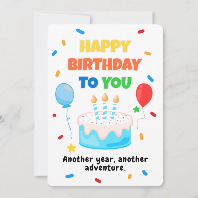 Convite Colorful Happy Birthday Card with Balloons & Cake (Frente)