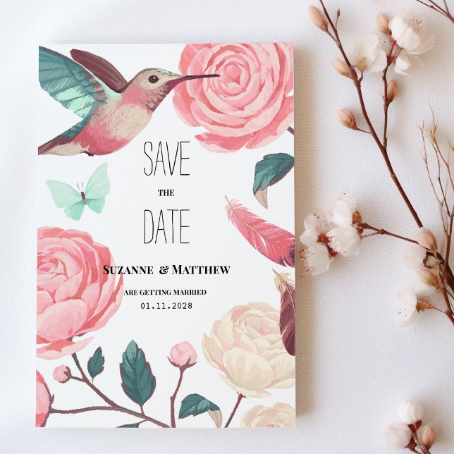 Convite Colorful Hummingbird Floral Spring Save the Date (Colorful Hummingbird Floral Spring Save the Date )