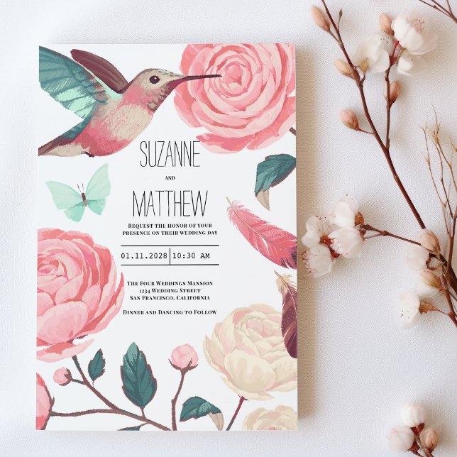 Convite Colorful Hummingbird Floral Spring Wedding (Colorful Hummingbird Floral Spring Wedding)