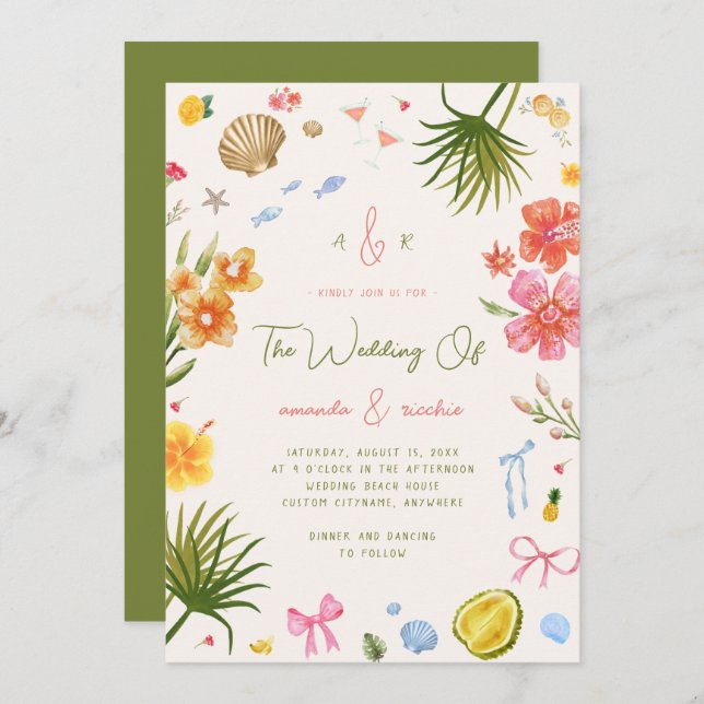 Convite Colorful Island Whimsical Beach Tropical Wedding (Frente/Verso)