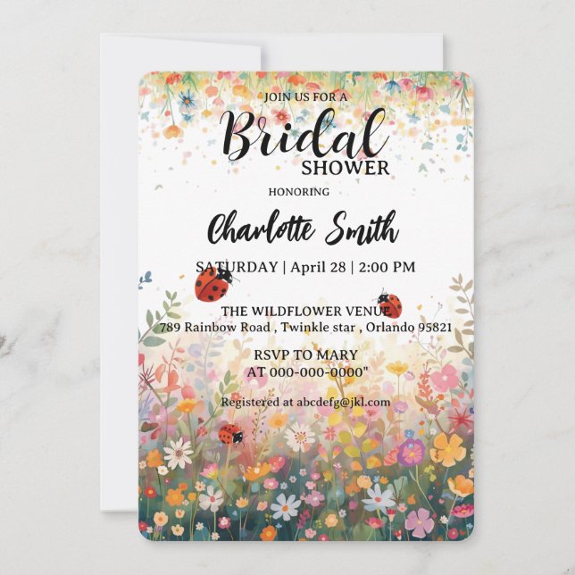 Convite colorful ladybug Watercolor Wildflowers Personaliz (Frente)
