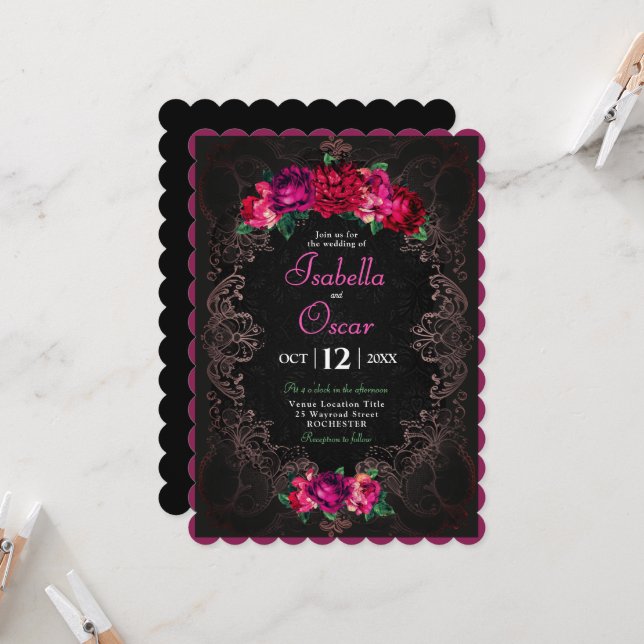 Convite Colorful Mexican pink floral wedding black (Frente/Verso In Situ)