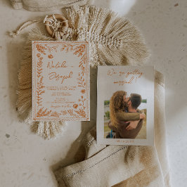 Convite Colorful Orange Hand Drawn Floral Photo Wedding