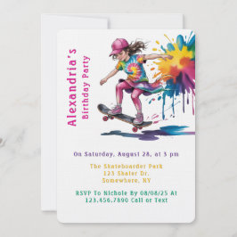 Convite Colorful Painted Girl Skateboarder Birthday Party
