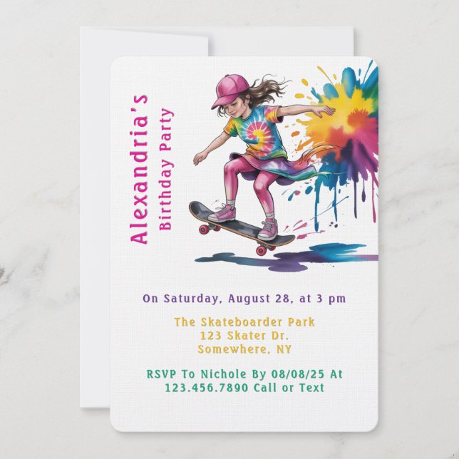 Convite Colorful Painted Girl Skateboarder Birthday Party (Frente)