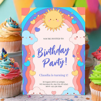Convite Colorful Rainbow & Clouds Kids 1st Birthday Party