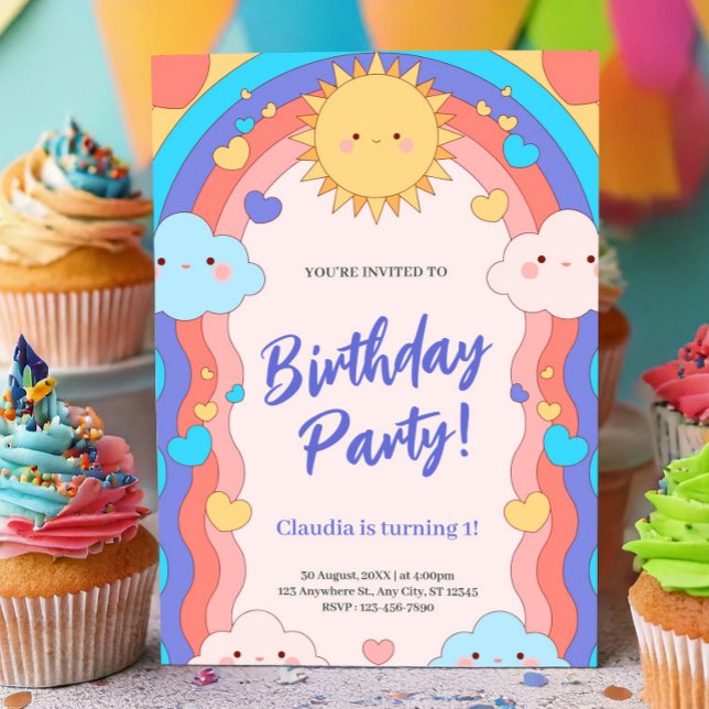 Convite Colorful Rainbow & Clouds Kids 1st Birthday Party (Colorful Rainbow & Clouds Kids 1st Birthday Party Invitation, Sweet One Invitation)