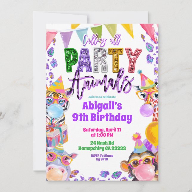 Convite Colorful Rainbow Sequin Glitter Safari Birthday (Frente)